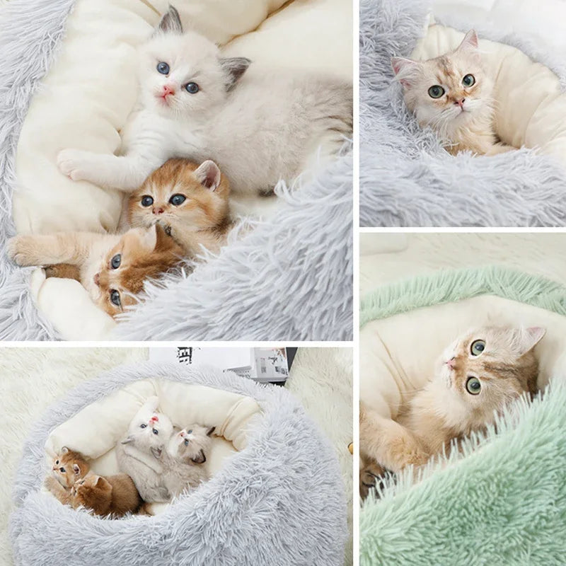 Katzenbett Winter – Plüsch Rundkissen & Schlafnest 2-in-1